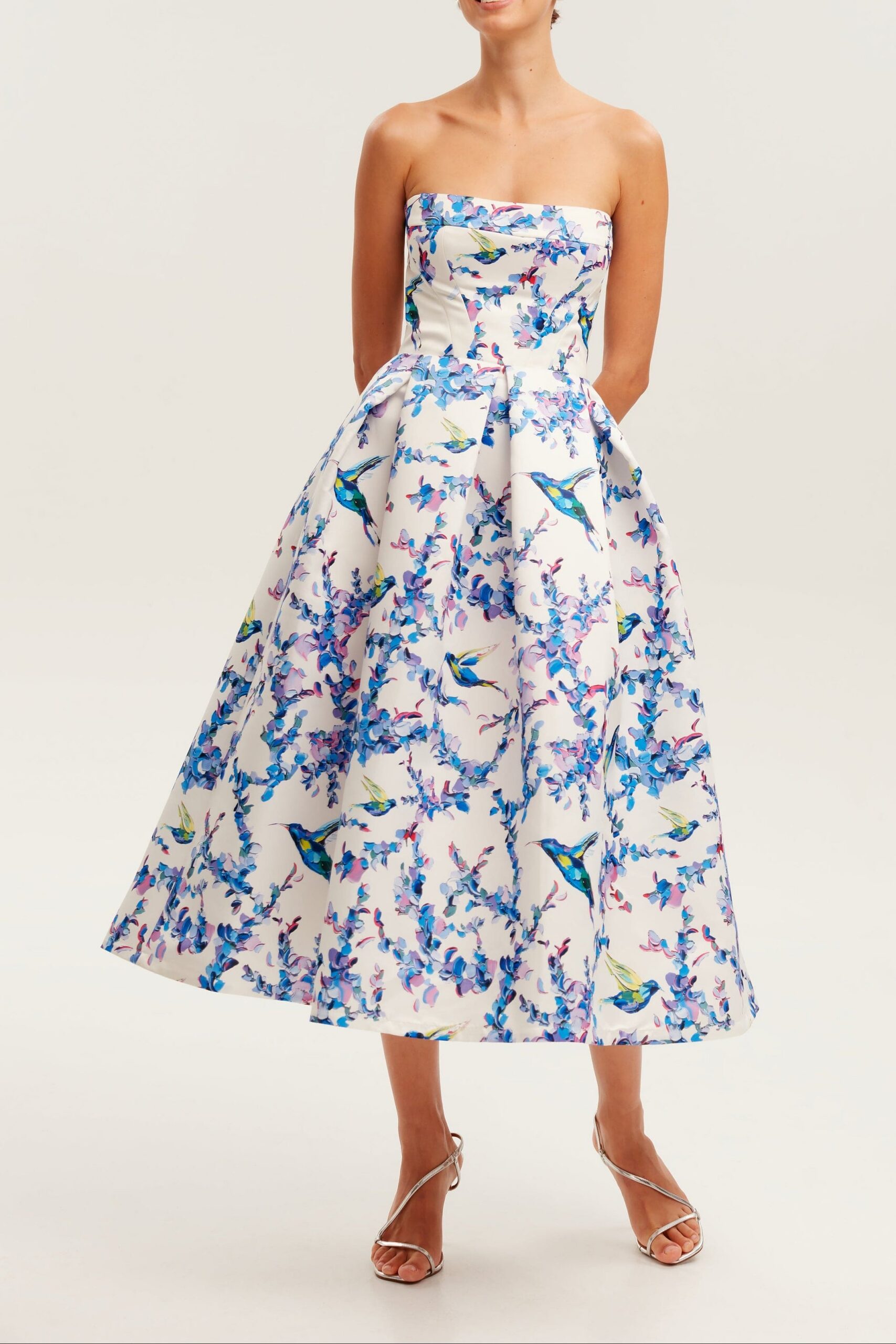 MN_2_14 STRAPLESS MIDI GARDEN DRESS, BIRD FLOWER PRINT, SUMMER WEDDING