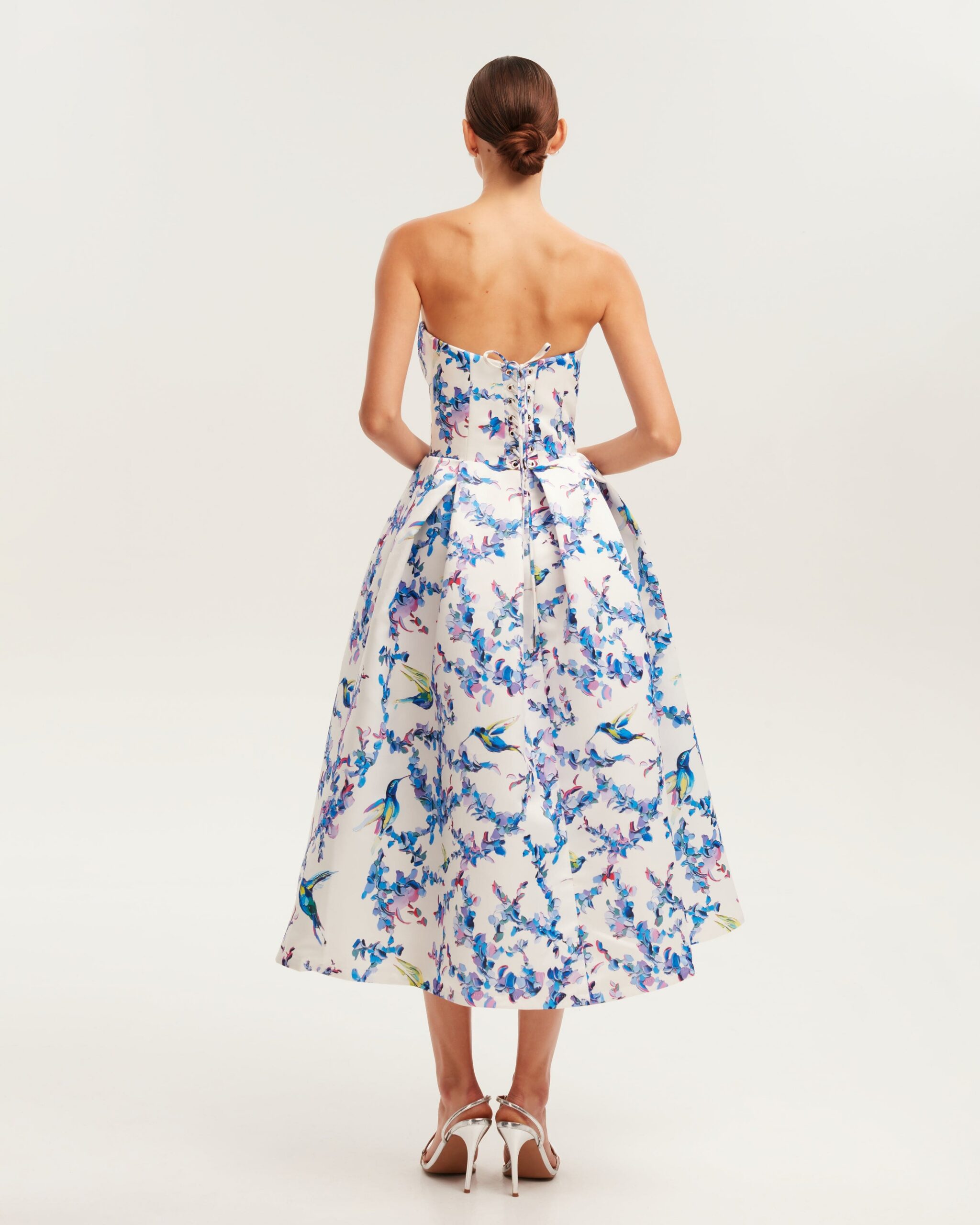 STRAPLESS MIDI GARDEN DRESS, BIRD FLOWER PRINT, SUMMER WEDDING