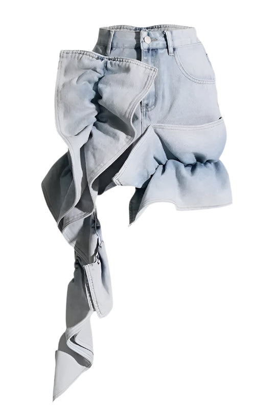 MADIYA ASYMMETRIC RUFFLE DENIM MINI SKIRT