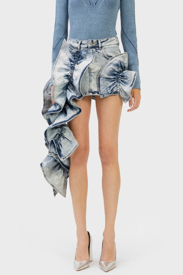 MADIYA ASYMMETRIC RUFFLE DENIM MINI SKIRT