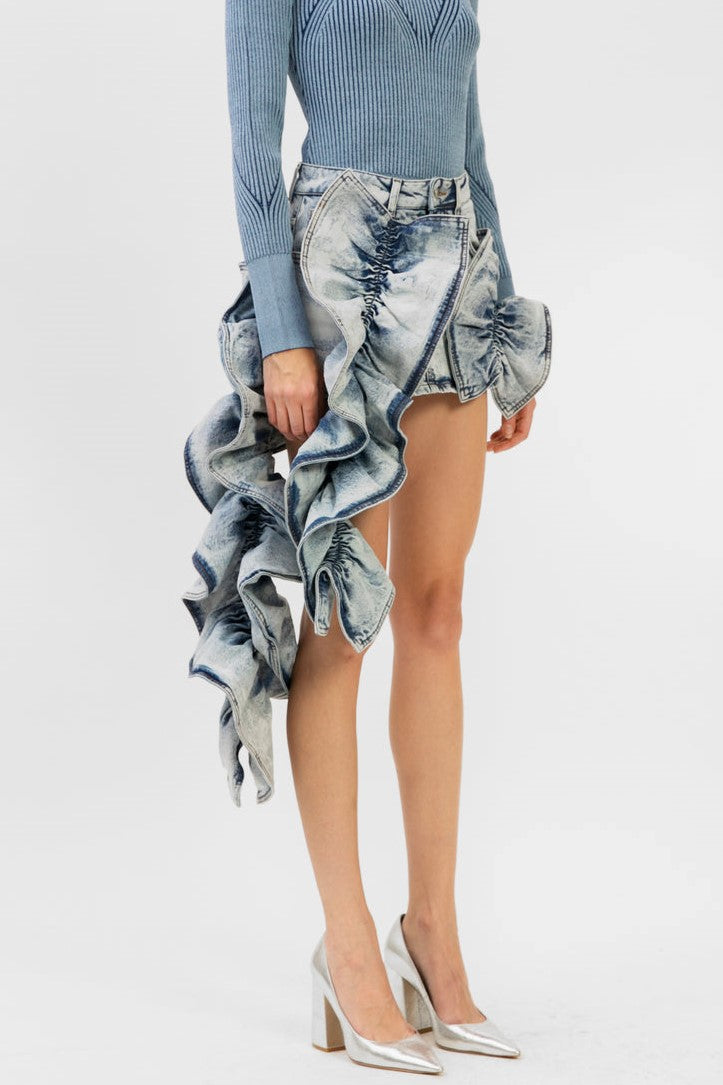 MADIYA ASYMMETRIC RUFFLE DENIM MINI SKIRT
