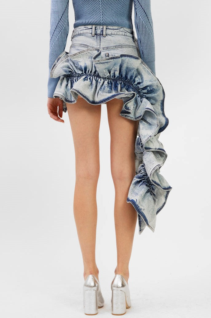 MADIYA ASYMMETRIC RUFFLE DENIM MINI SKIRT