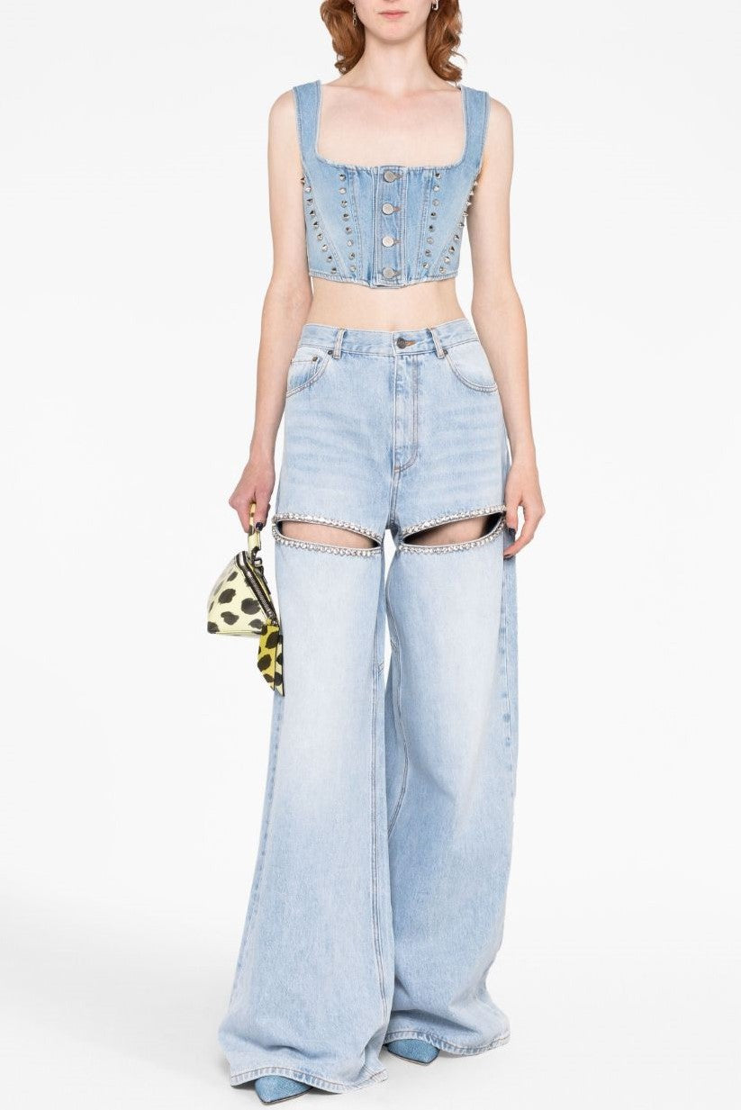 RHINESTONE CUTOUT JEANS BLUE PARTY GOING-OUT STYLE