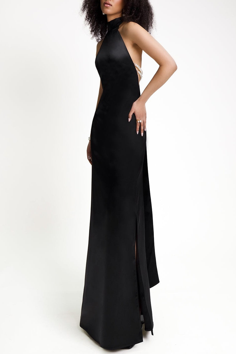 MAELIS PEARL SATIN HALTER MAXI DRESS BLACK