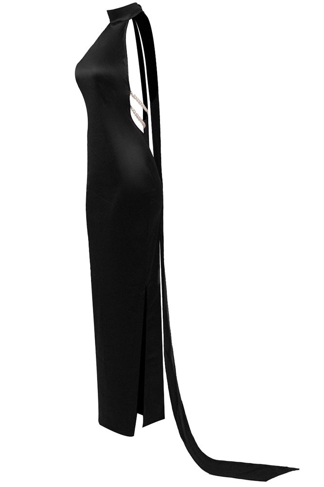 MAELIS PEARL SATIN HALTER MAXI DRESS BLACK