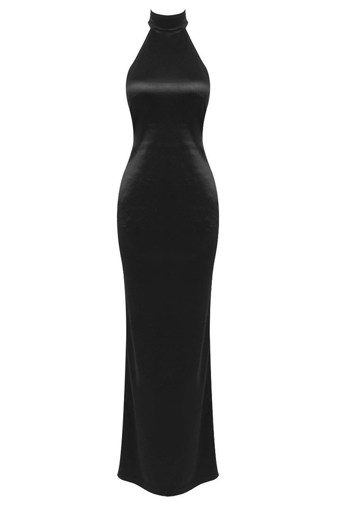 MAELIS PEARL SATIN HALTER MAXI DRESS BLACK