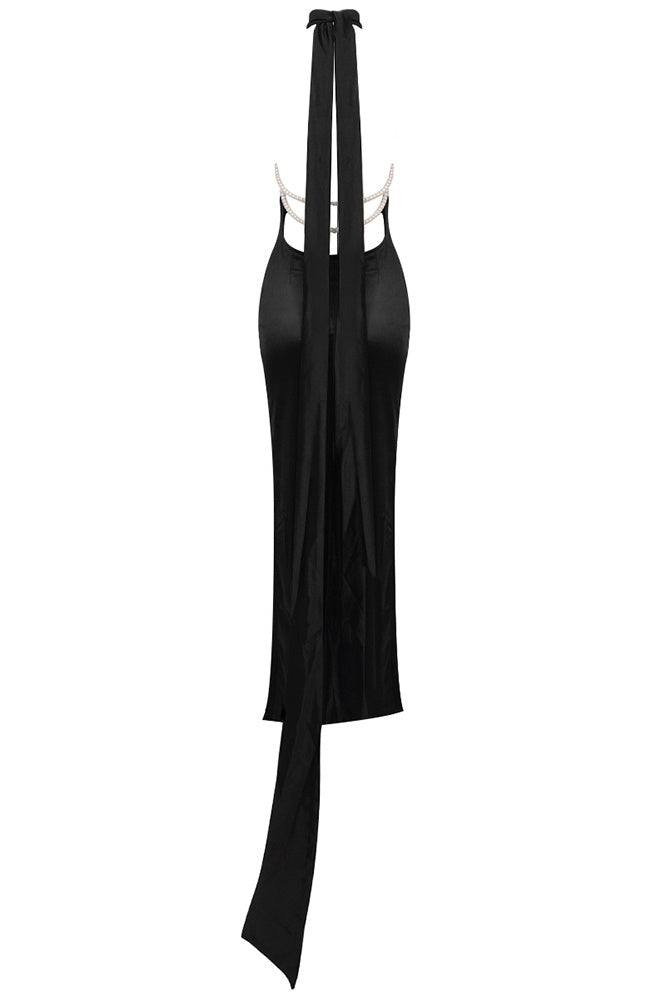 MAELIS PEARL SATIN HALTER MAXI DRESS BLACK