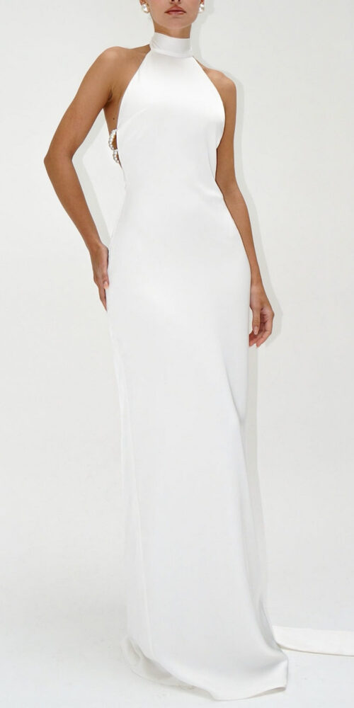 Maelis Pearl Satin Halter Maxi Dress - White Maelis Pearl Satin Halter Maxi Dress - White