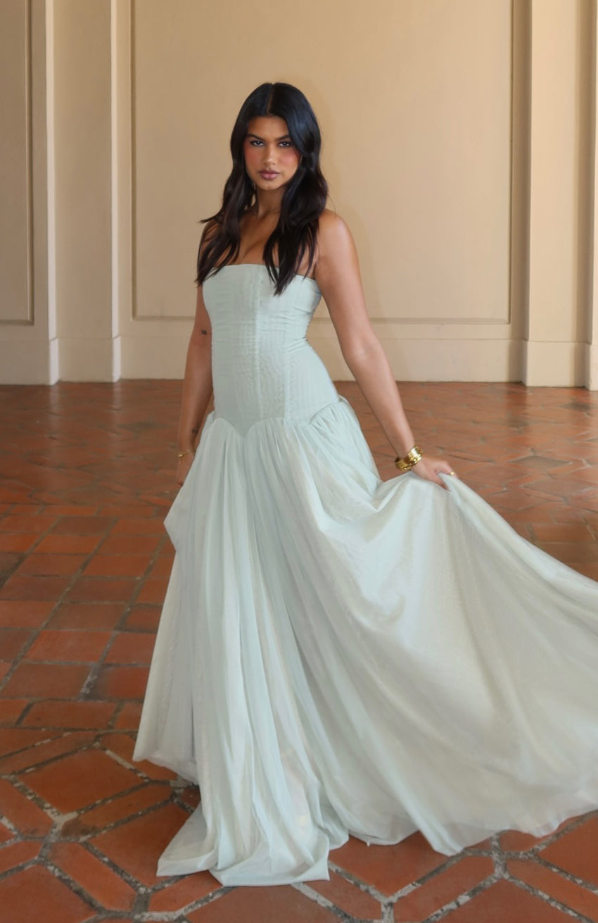 SABRINA GREEN TULLE STRAPLESS MAXI DRESS