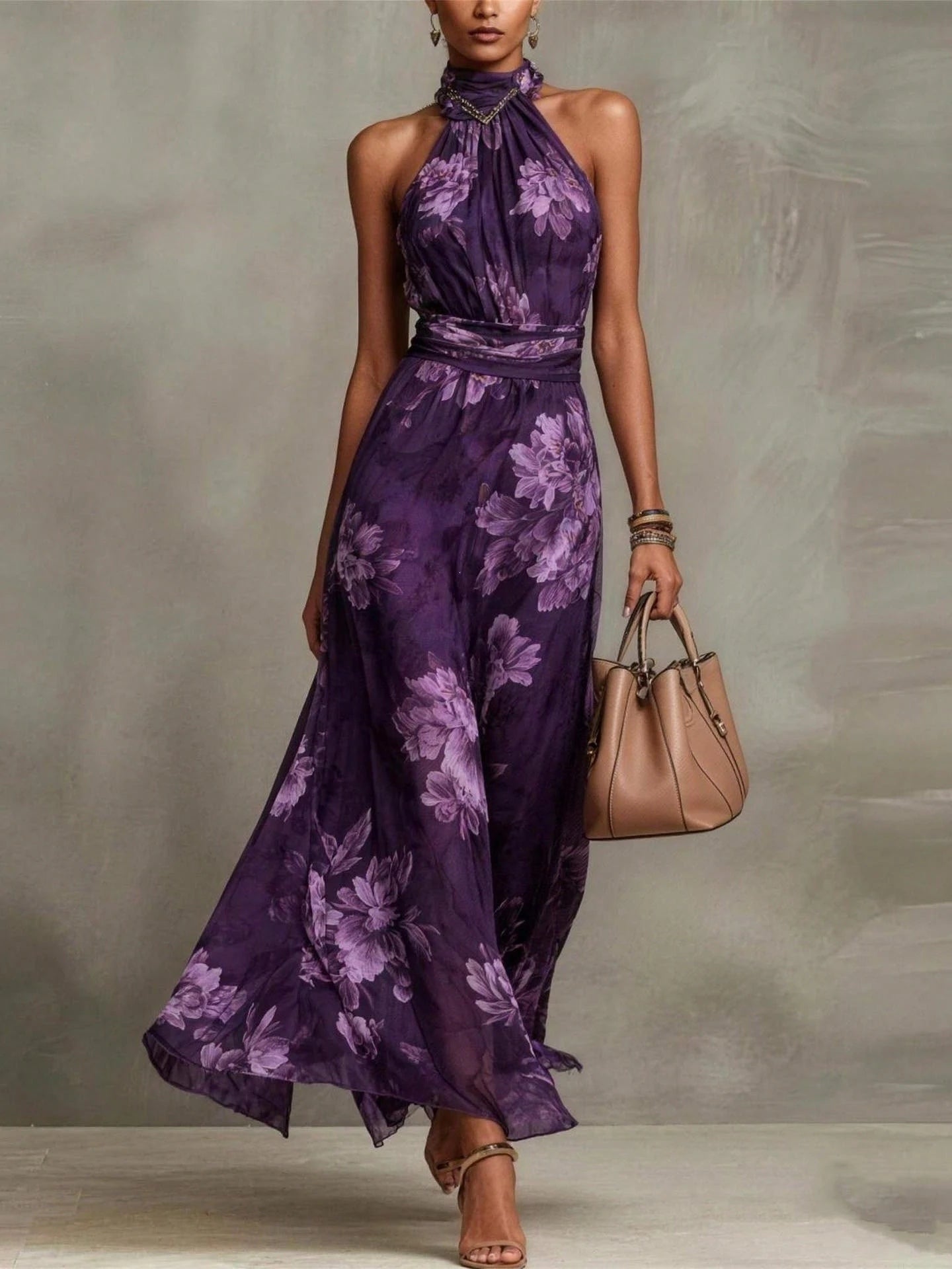 POLLY GREEN FLORAL CHIFFON HALTER MAXI DRESS