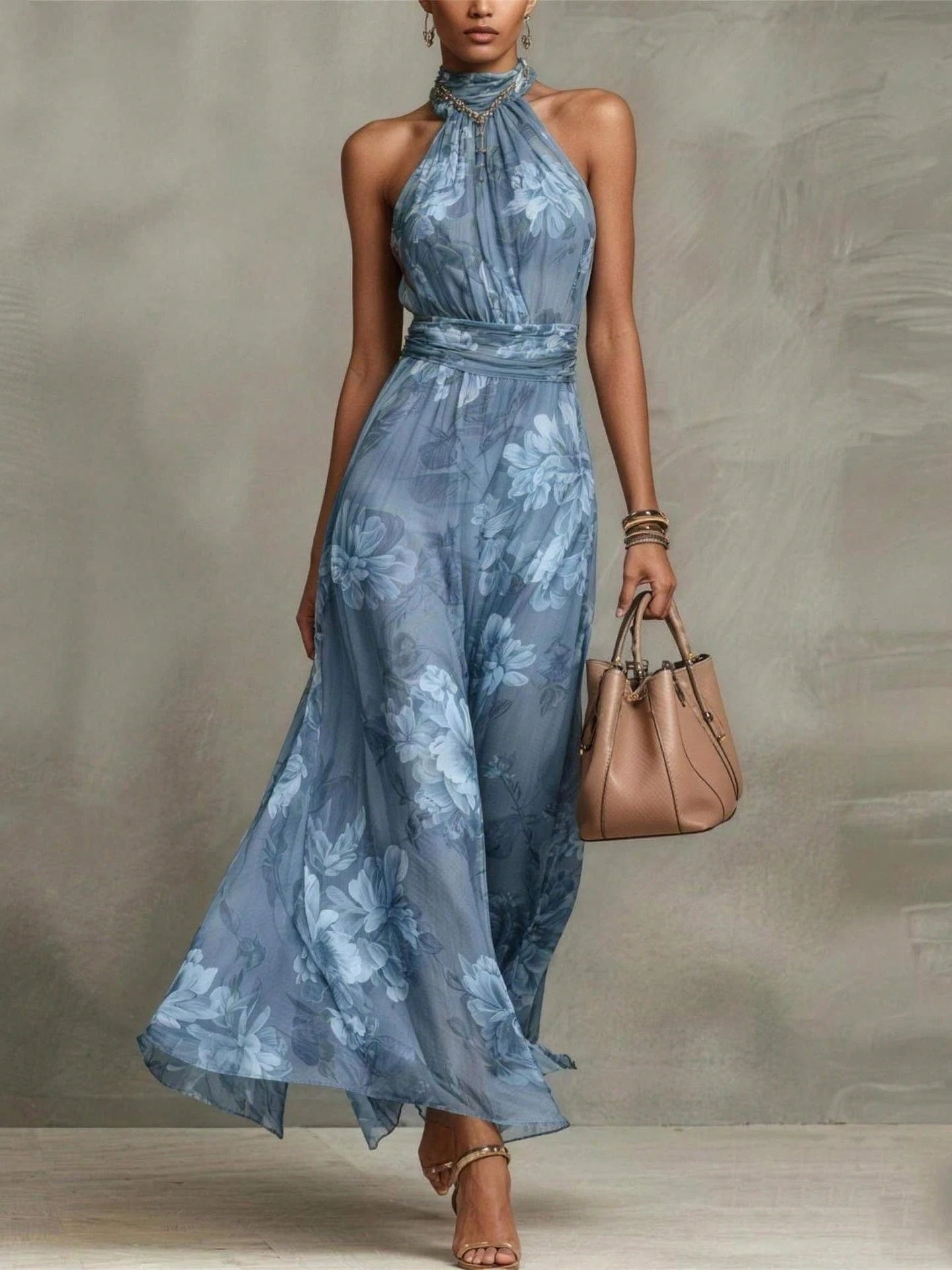 POLLY GREEN FLORAL CHIFFON HALTER MAXI DRESS
