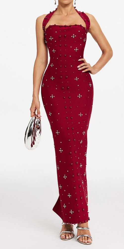 elvira Halterneck Pearl Bandage midi Dress in red
