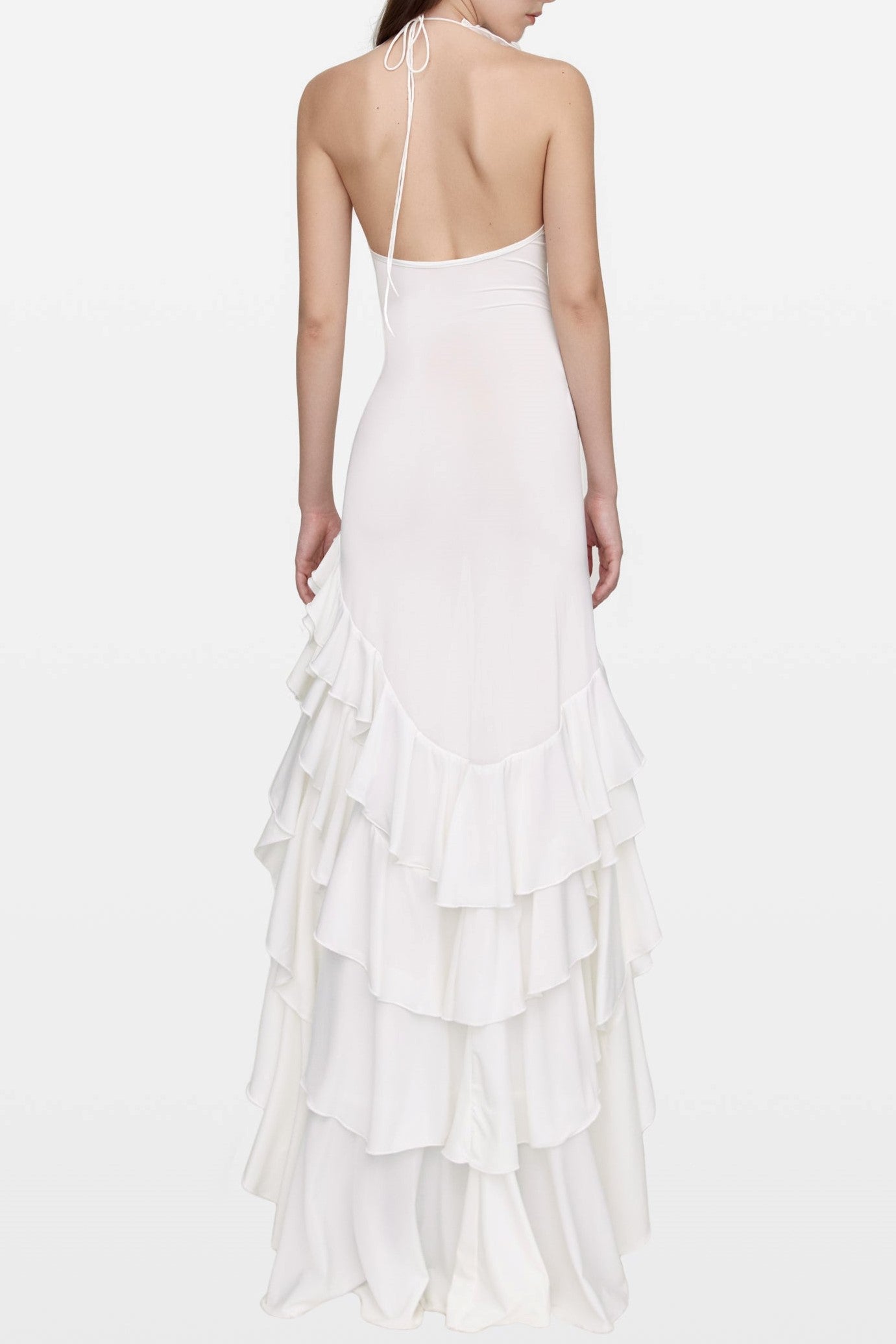 MALIA HALTER MESH FLOWER MIDI DRESS