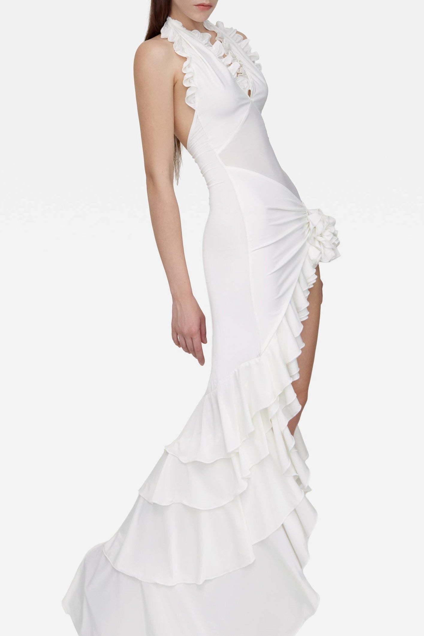 MALIA HALTER MESH FLOWER MIDI DRESS