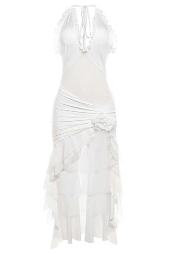 MALIA HALTER MESH FLOWER MIDI DRESS