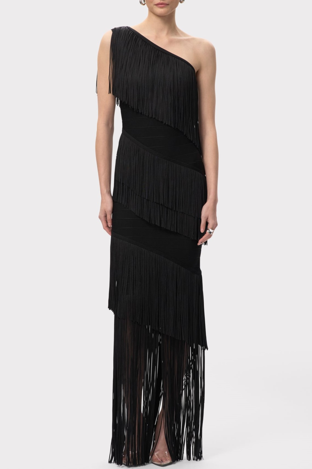 ONE SHOULDER FRINGE MAXI BANDAGE DRESS