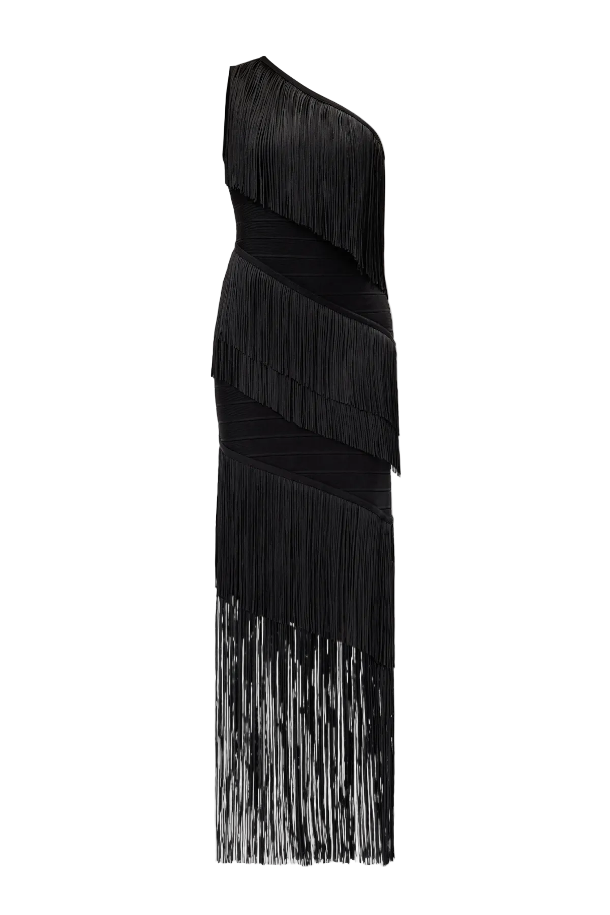 ONE SHOULDER FRINGE MAXI BANDAGE DRESS