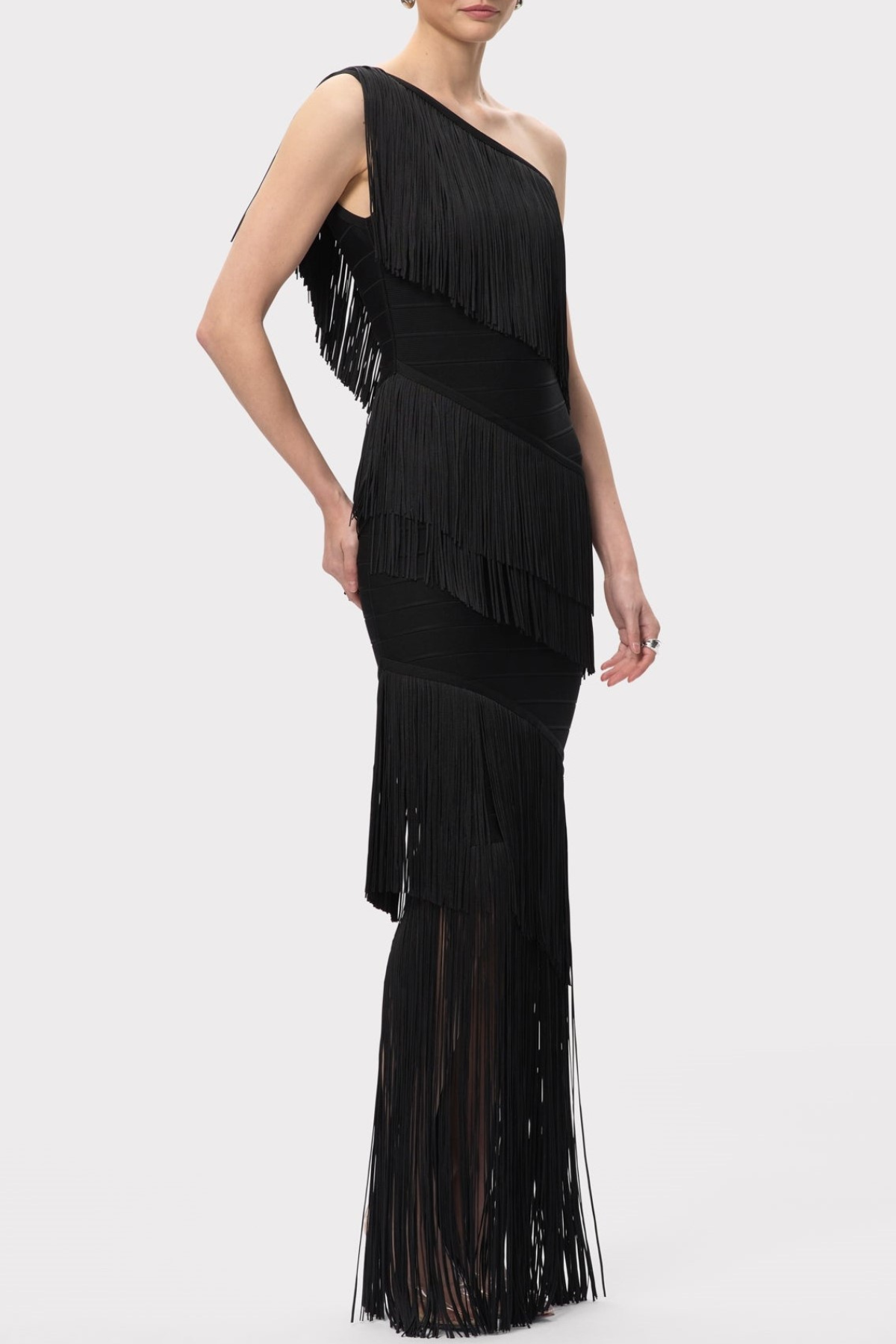 ONE SHOULDER FRINGE MAXI BANDAGE DRESS