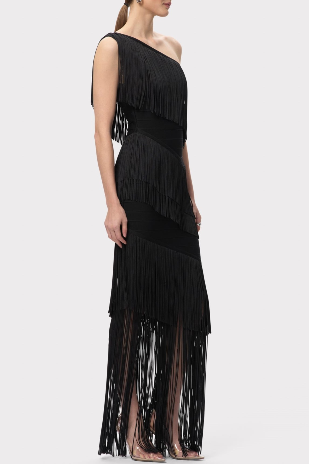 ONE SHOULDER FRINGE MAXI BANDAGE DRESS