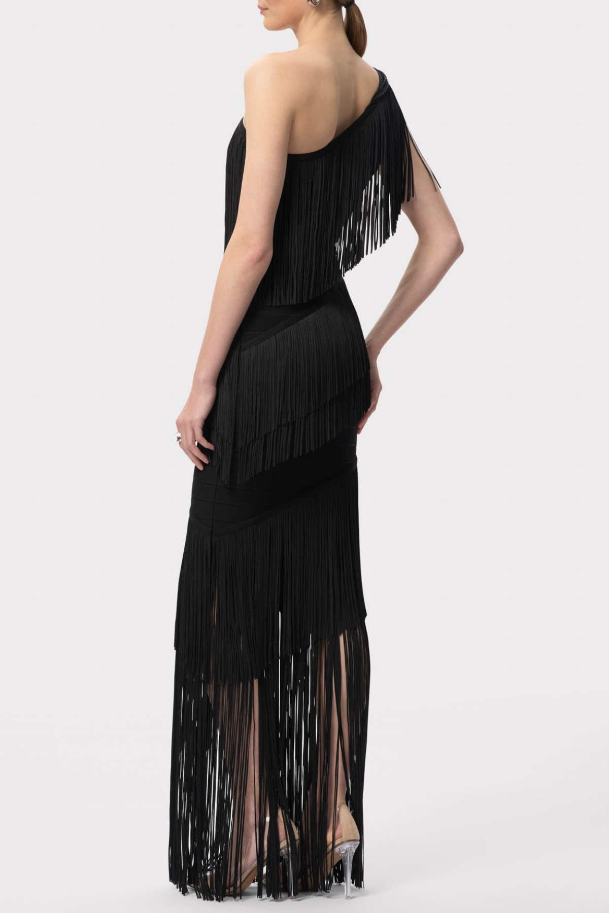ONE SHOULDER FRINGE MAXI BANDAGE DRESS
