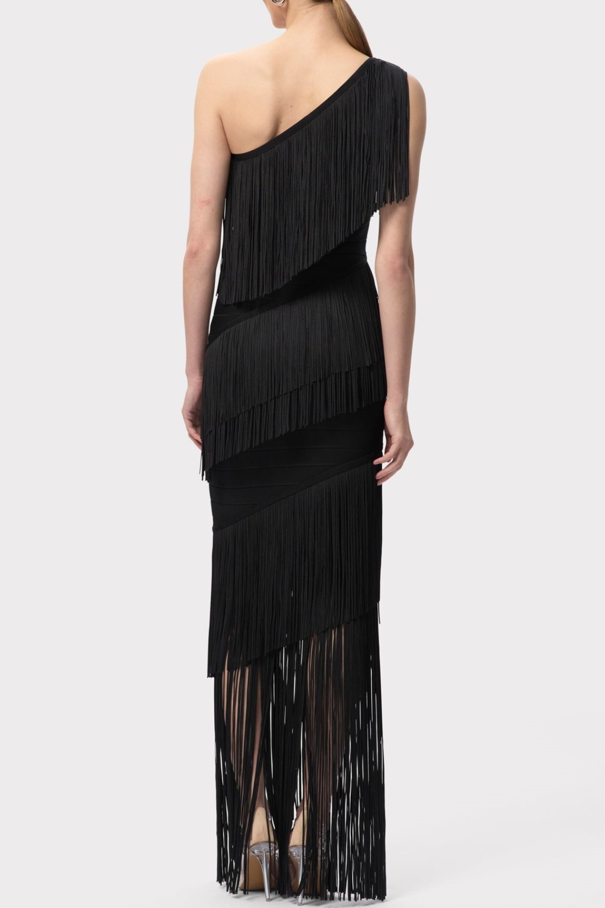 ONE SHOULDER FRINGE MAXI BANDAGE DRESS