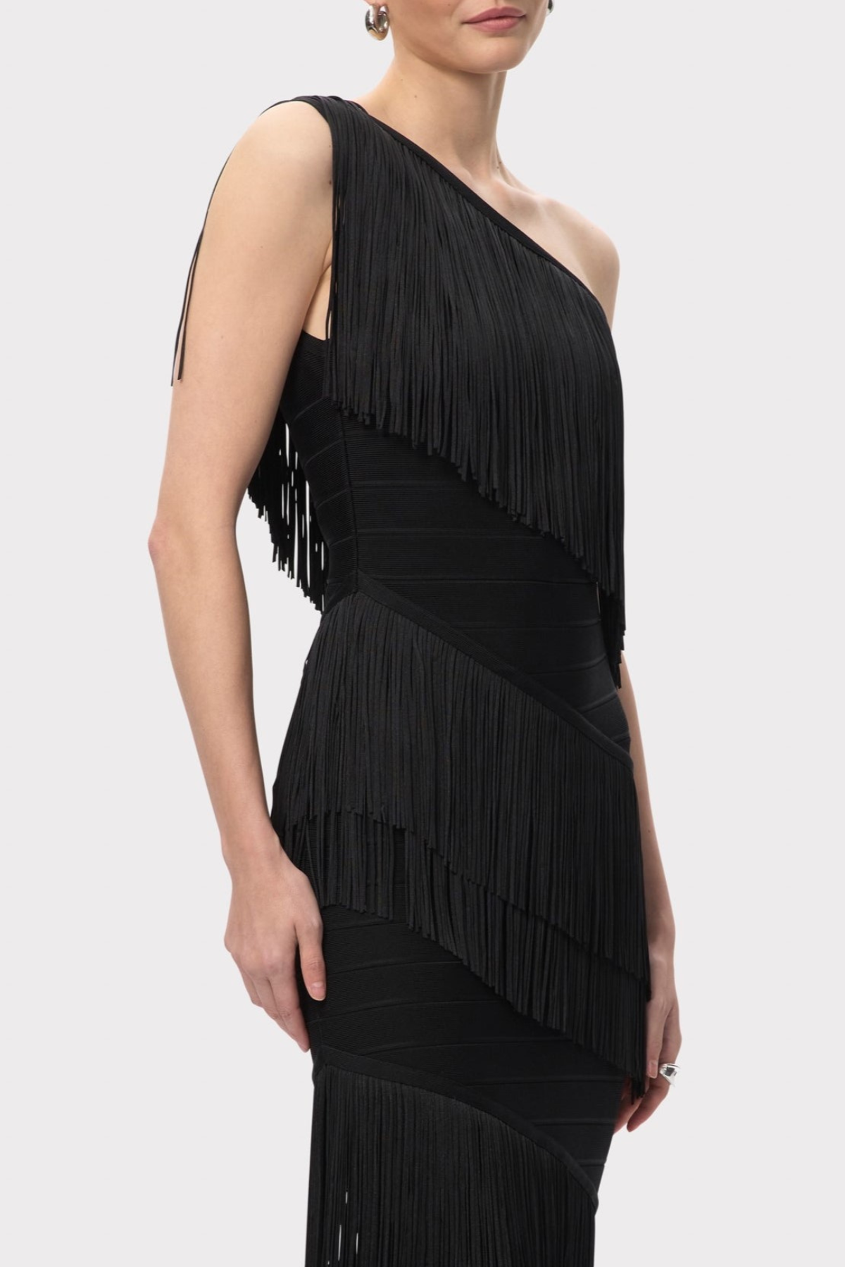ONE SHOULDER FRINGE MAXI BANDAGE DRESS