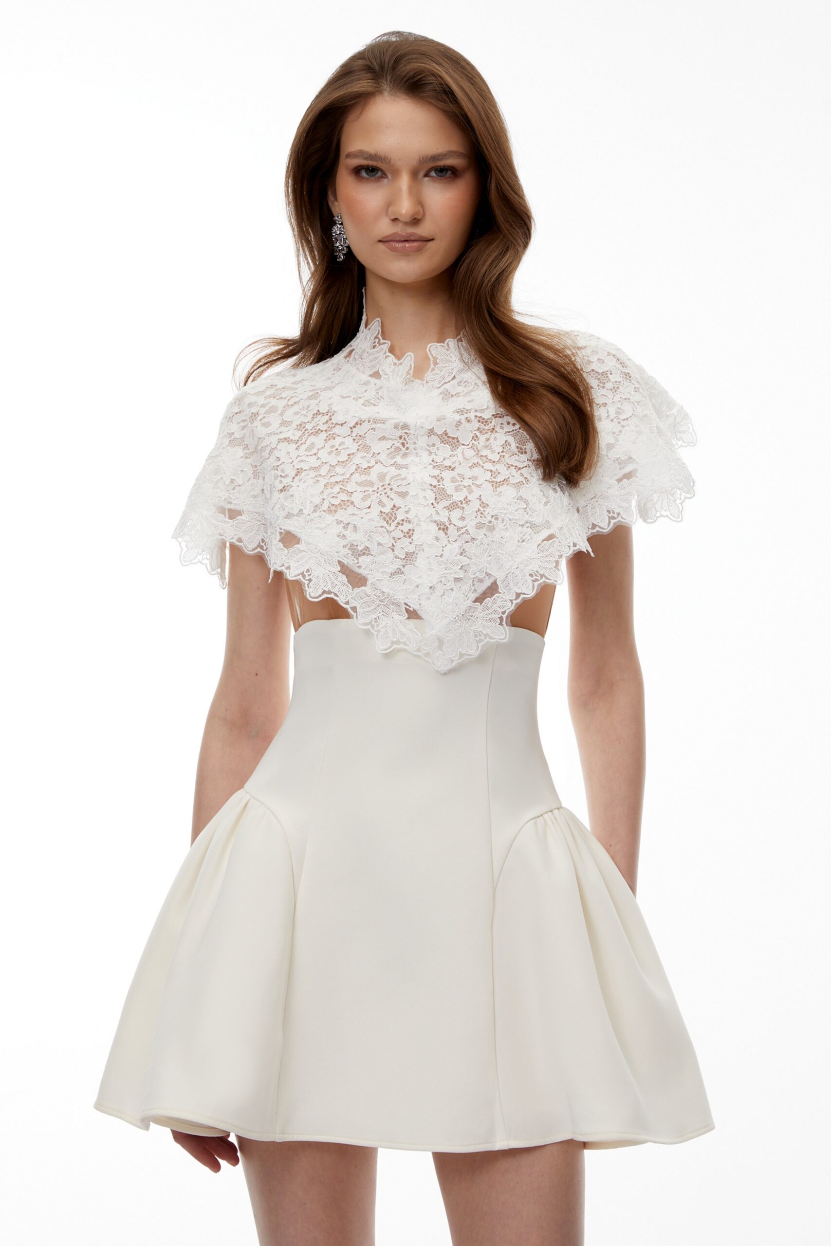 MANDANA WHITE LACE CAPE MINI DRESS FOR WEDDING