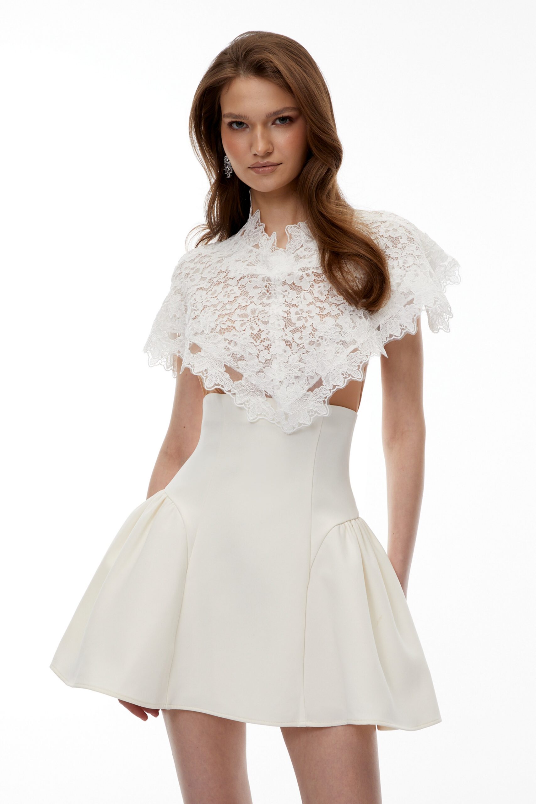MANDANA WHITE LACE CAPE MINI DRESS FOR WEDDING