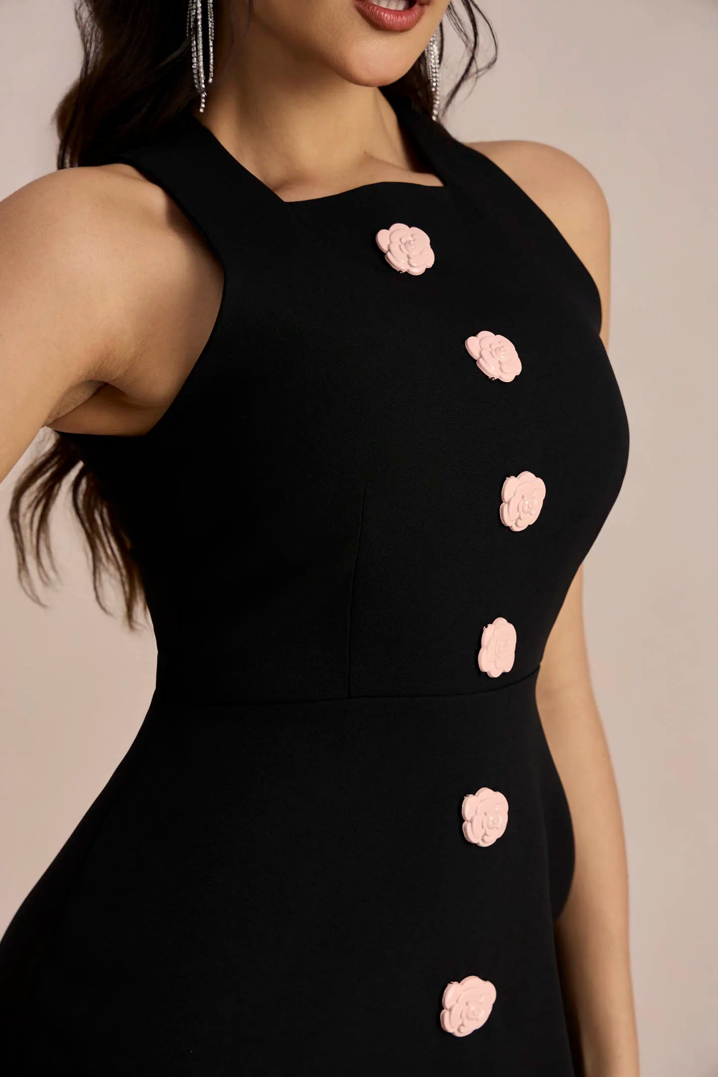 MARCIA SLEEVELESS FLOWER BUTTON MINI DRESS FOR PARTY