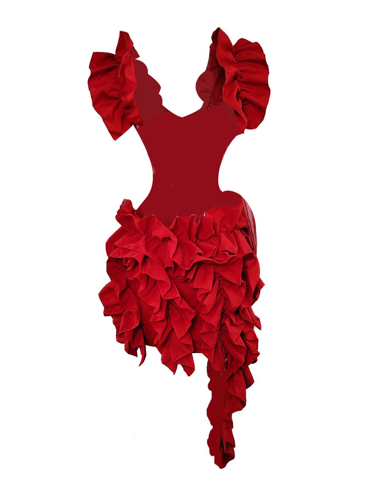 RED MARGIE CUTOUT RUFFLE TIERED DRESS