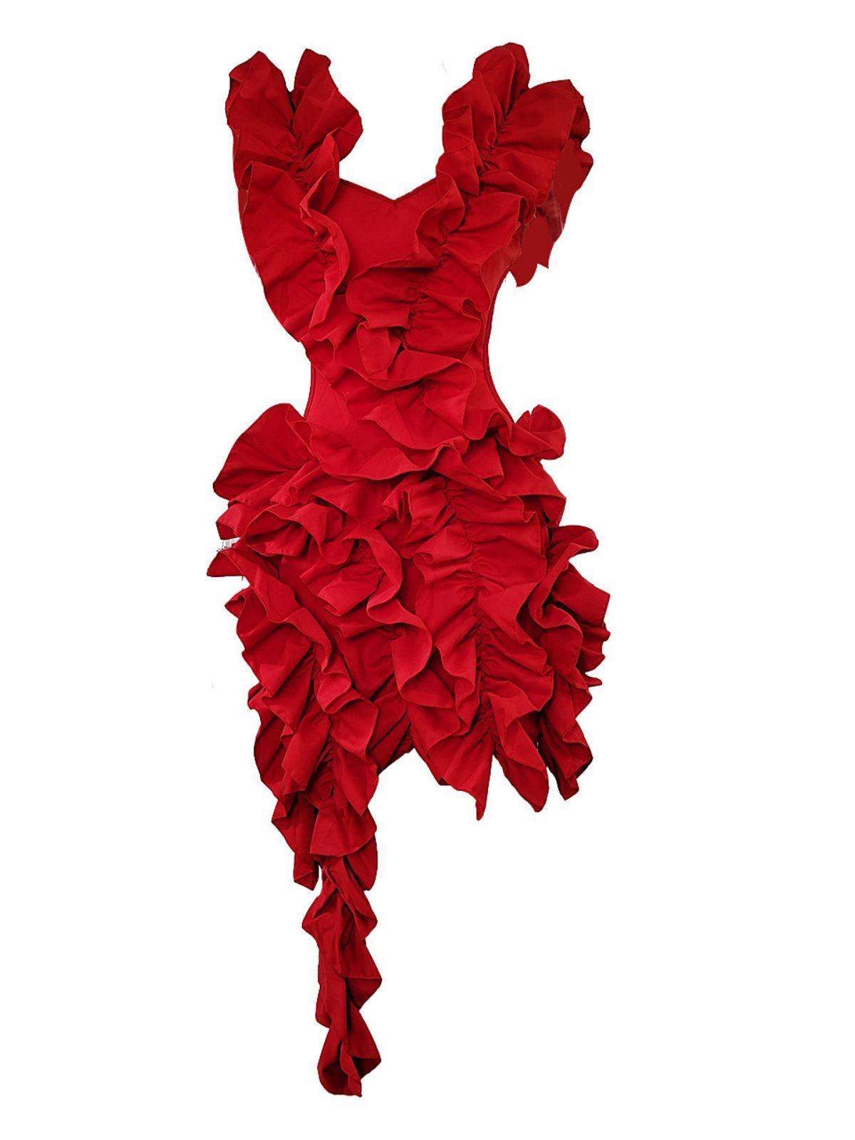 RED MARGIE CUTOUT RUFFLE TIERED DRESS
