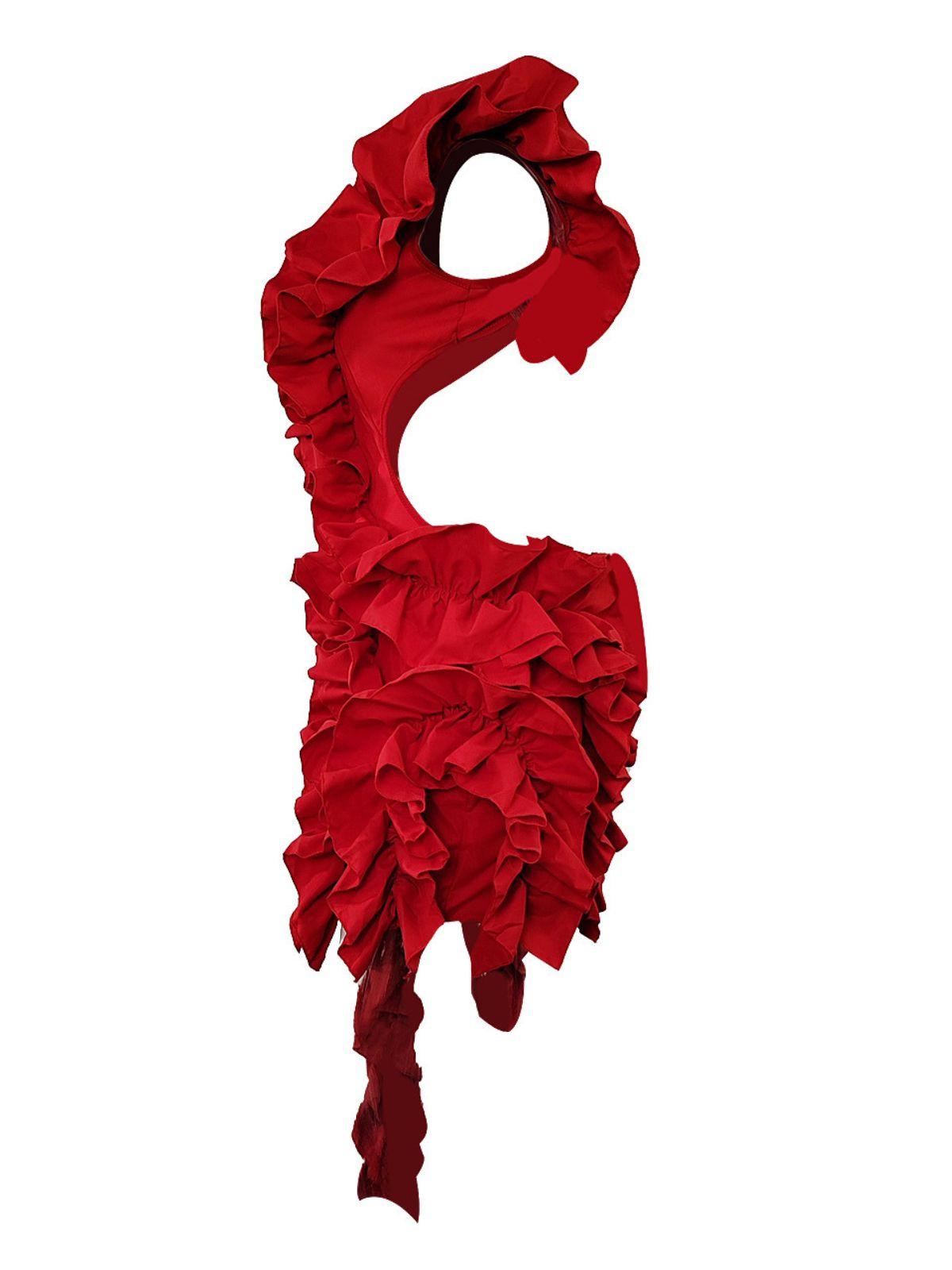 RED MARGIE CUTOUT RUFFLE TIERED DRESS