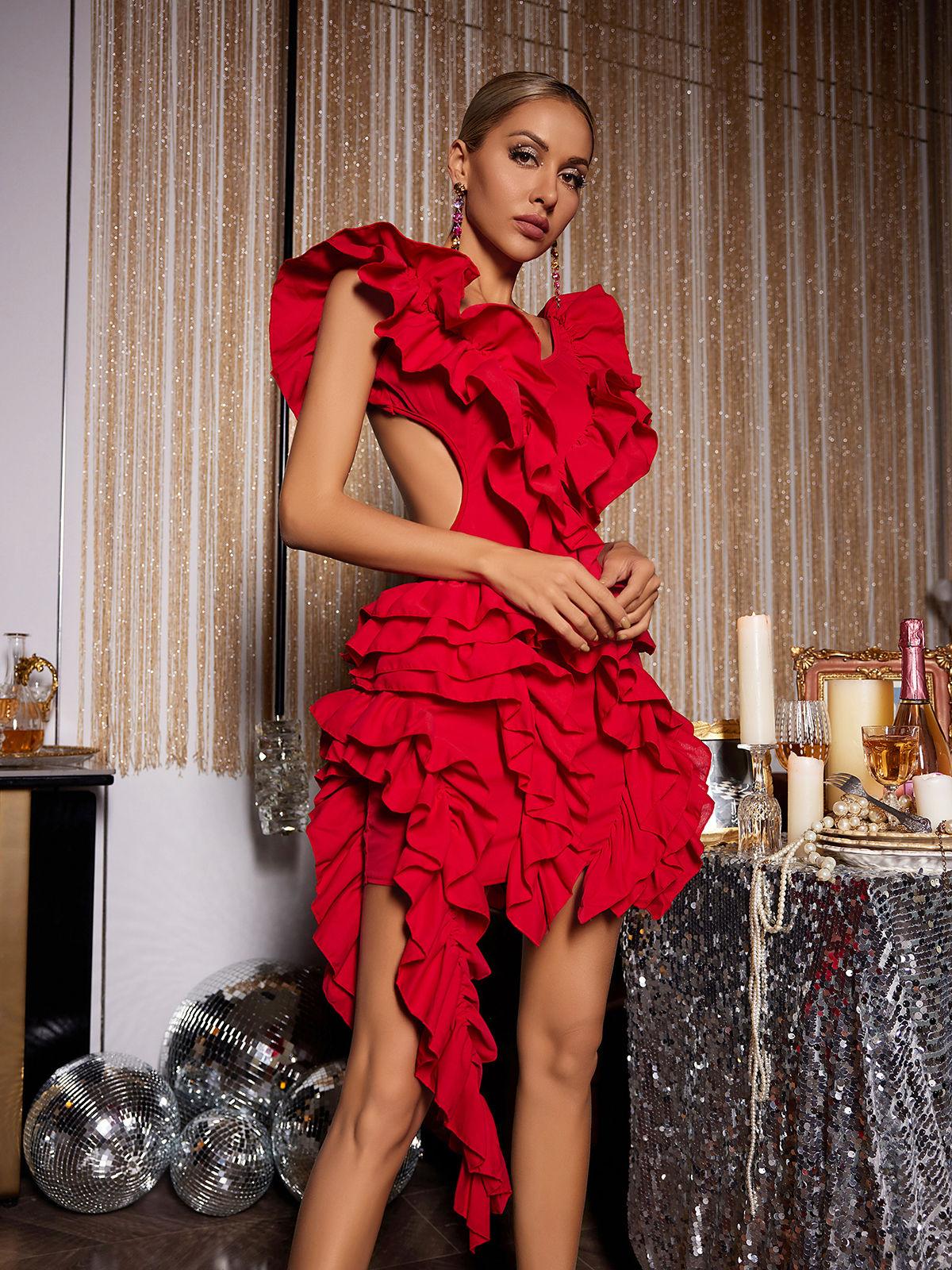 RED MARGIE CUTOUT RUFFLE TIERED DRESS