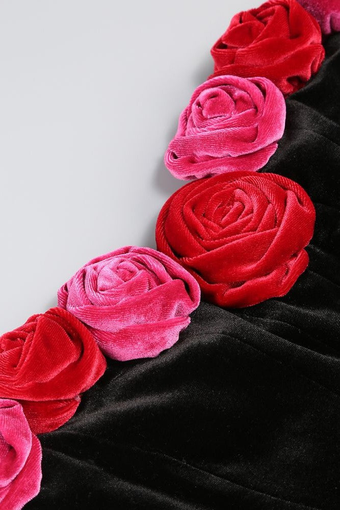 FLORAL STRAPLESS VELVET MINI DRESS FOR PARTY