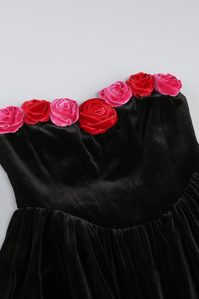 FLORAL STRAPLESS VELVET MINI DRESS FOR PARTY