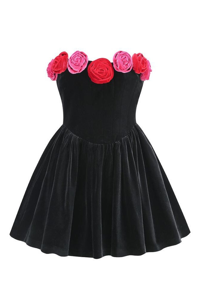FLORAL STRAPLESS VELVET MINI DRESS FOR PARTY