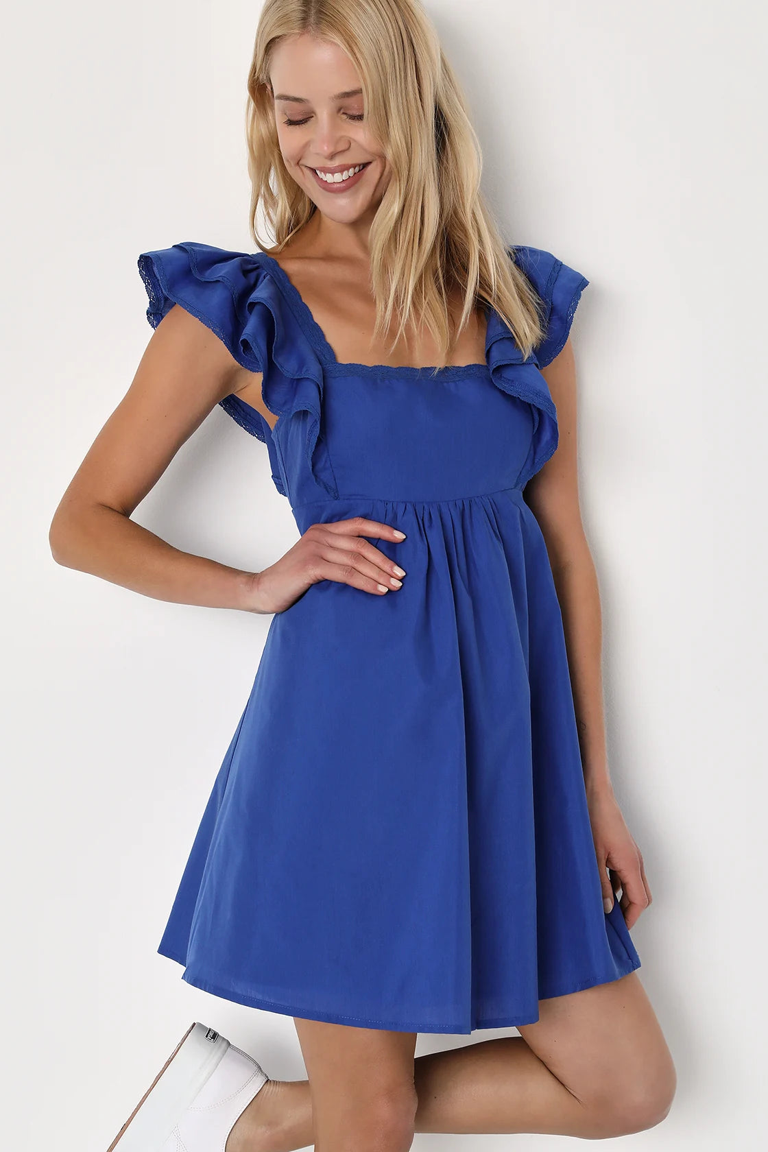 COBALT BLUE RUFFLED MINI DRESS FOR PARTY