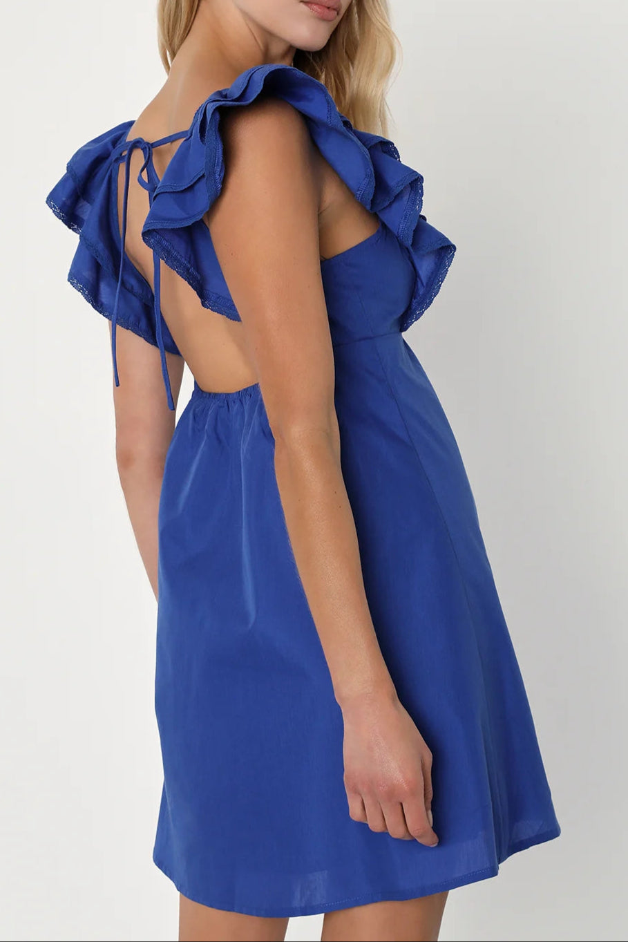 COBALT BLUE RUFFLED MINI DRESS FOR PARTY