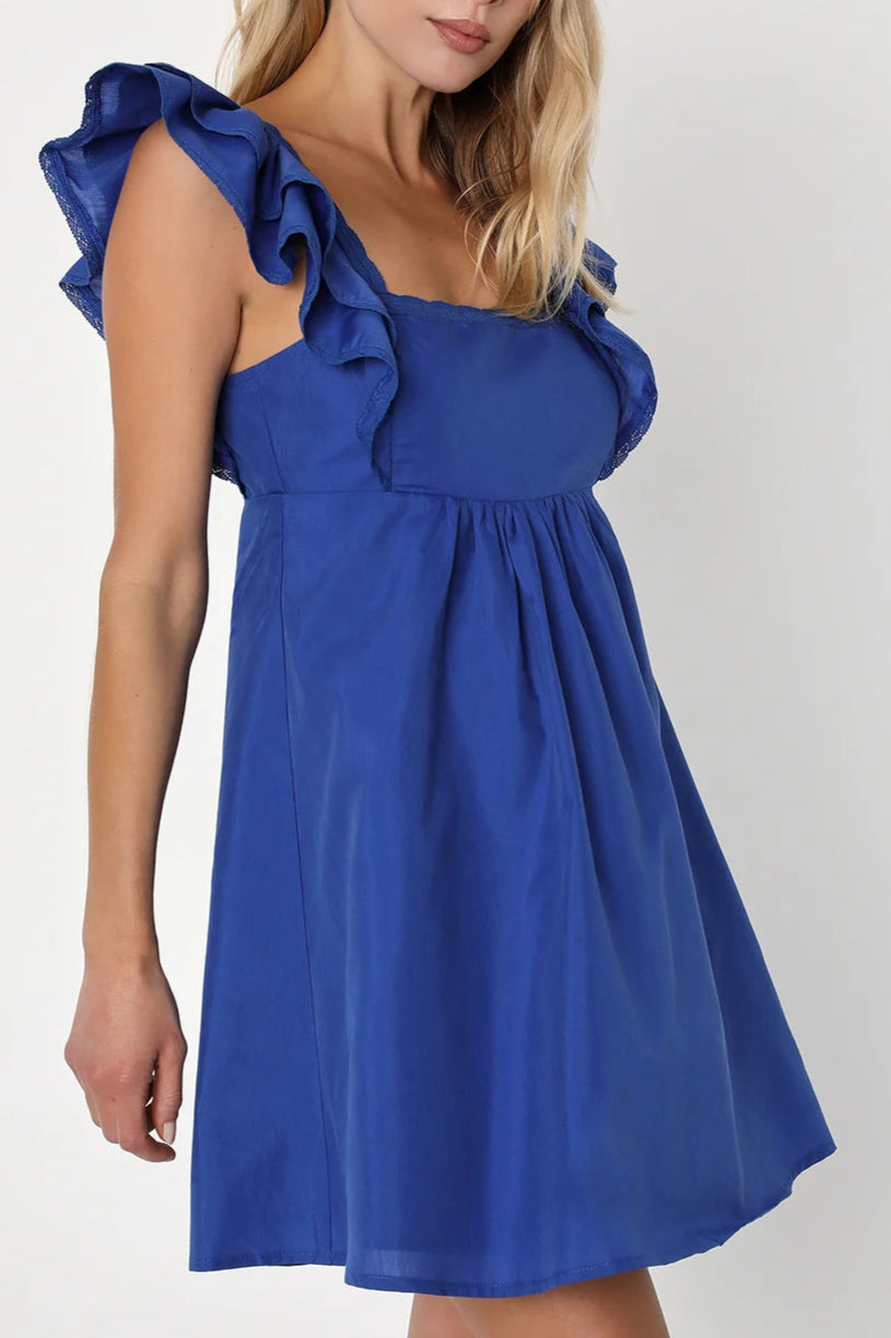 COBALT BLUE RUFFLED MINI DRESS FOR PARTY