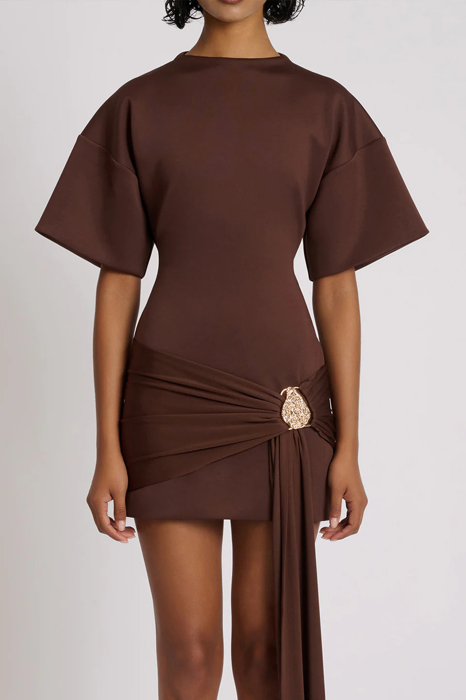 DRAPED BROWN MINI DRESS WITH EMBELLISHMENTS
