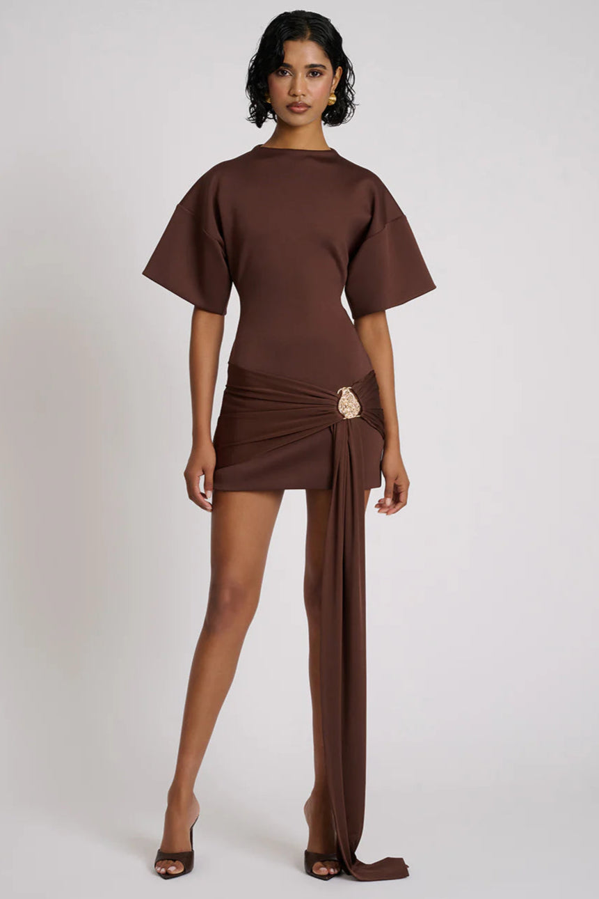 DRAPED BROWN MINI DRESS WITH EMBELLISHMENTS