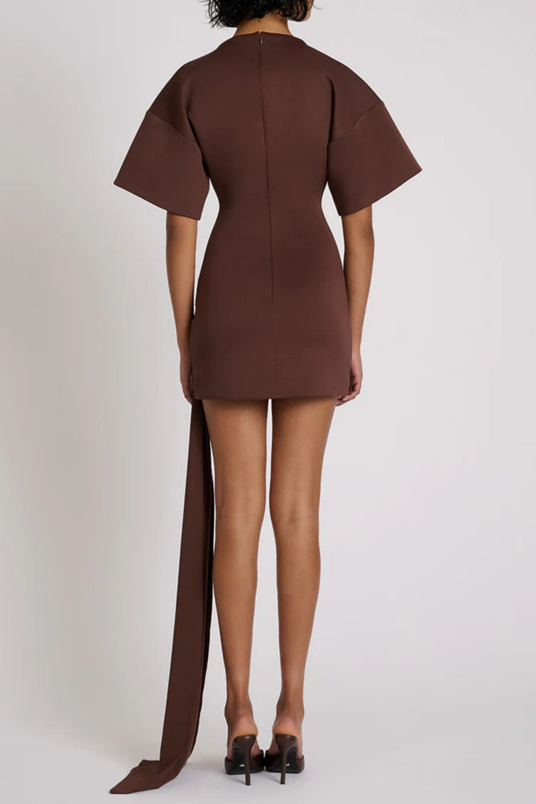 DRAPED BROWN MINI DRESS WITH EMBELLISHMENTS