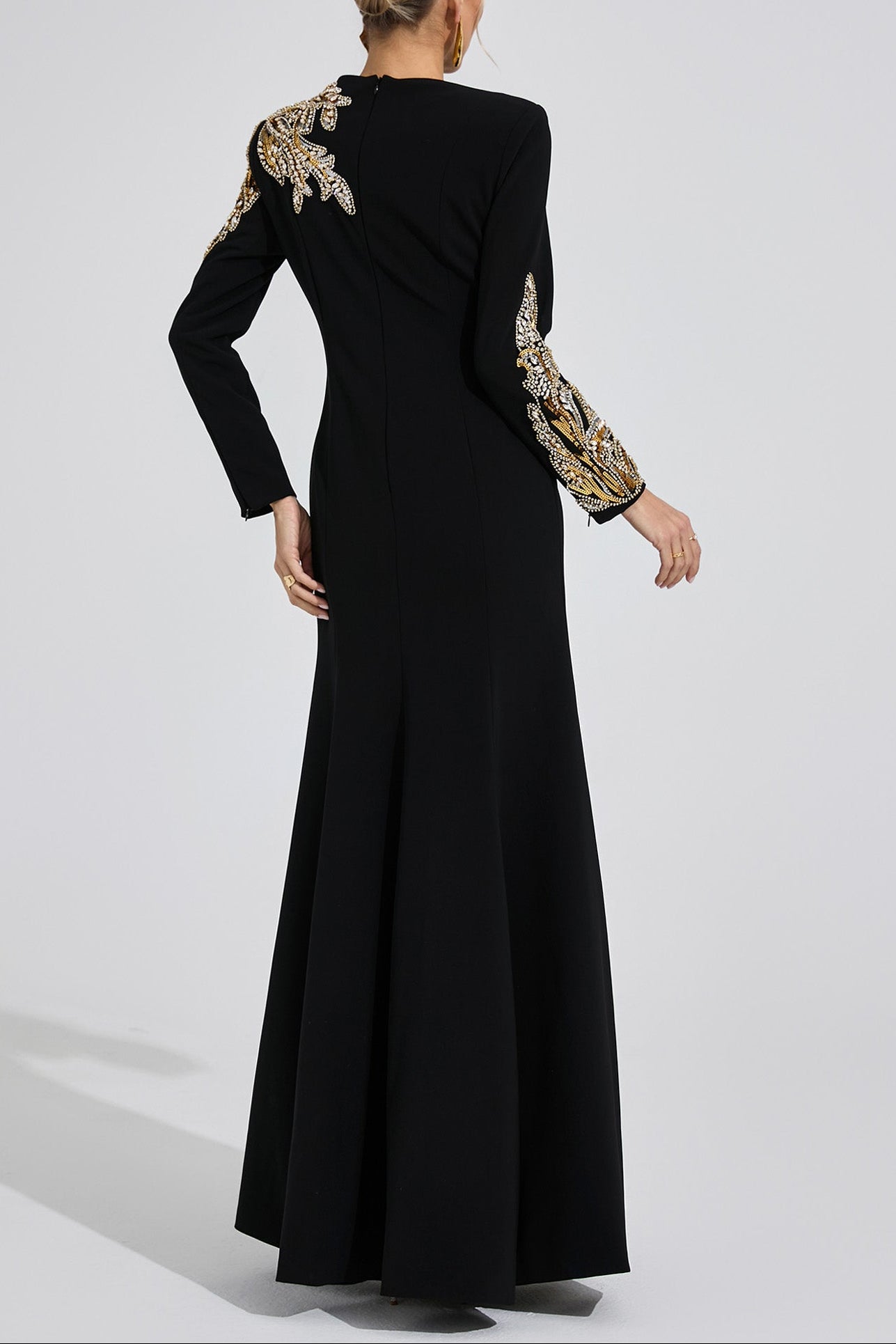 RHINESTONE LONG SLEEVE MAXI DRESS, BLACK EVENING GOWN