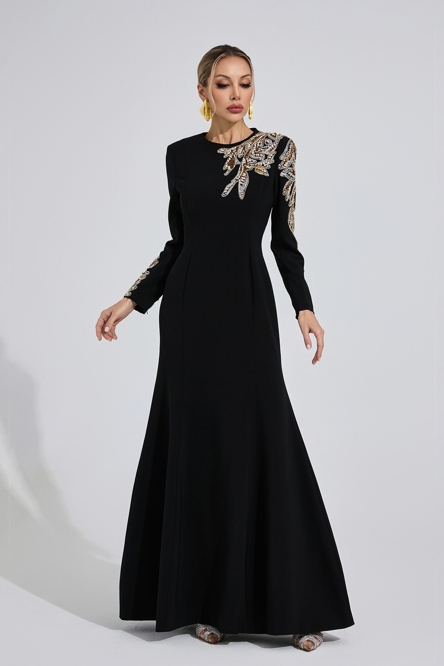 RHINESTONE LONG SLEEVE MAXI DRESS, BLACK EVENING GOWN