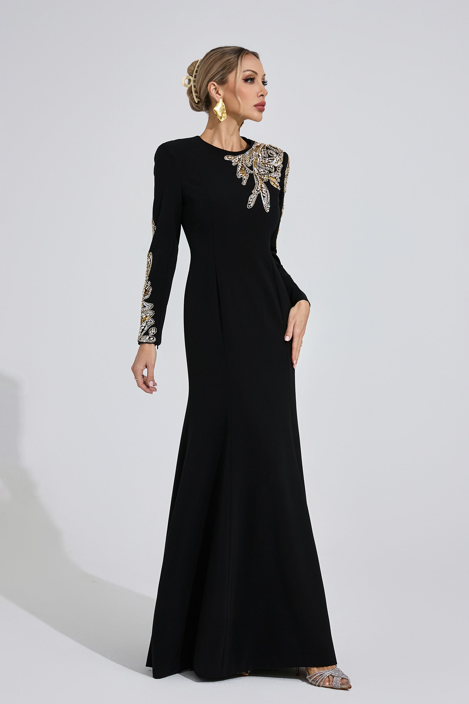 RHINESTONE LONG SLEEVE MAXI DRESS, BLACK EVENING GOWN