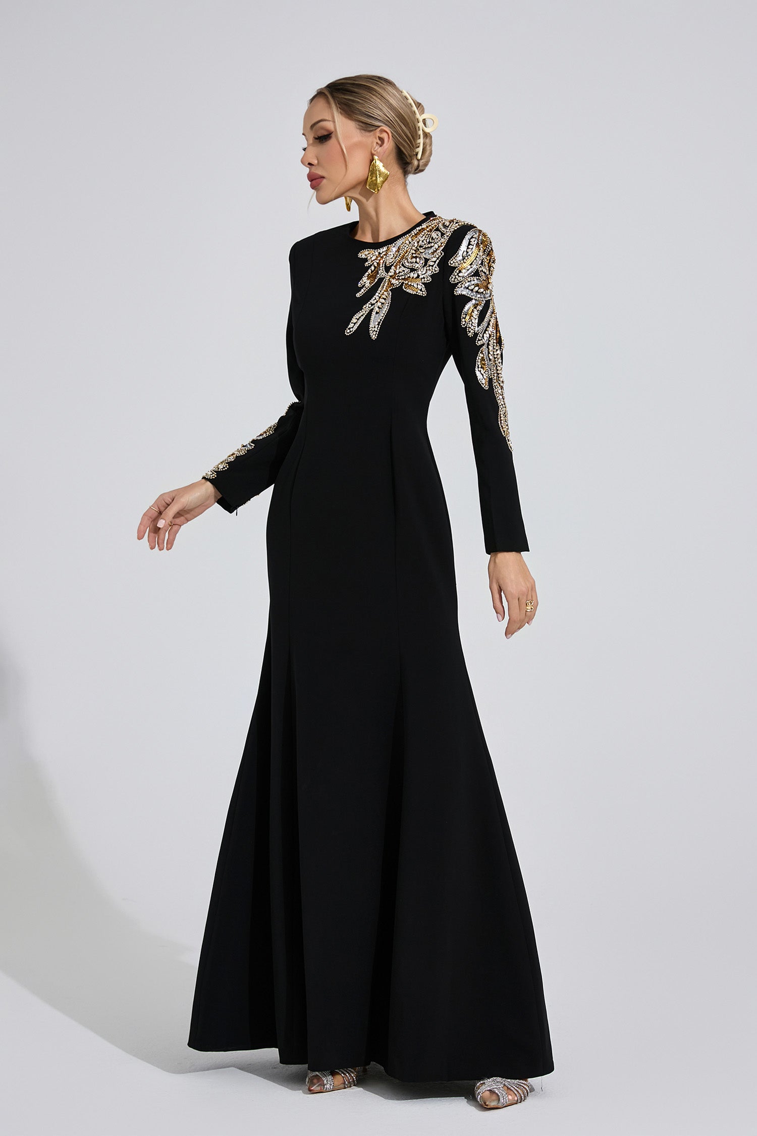 RHINESTONE LONG SLEEVE MAXI DRESS, BLACK EVENING GOWN