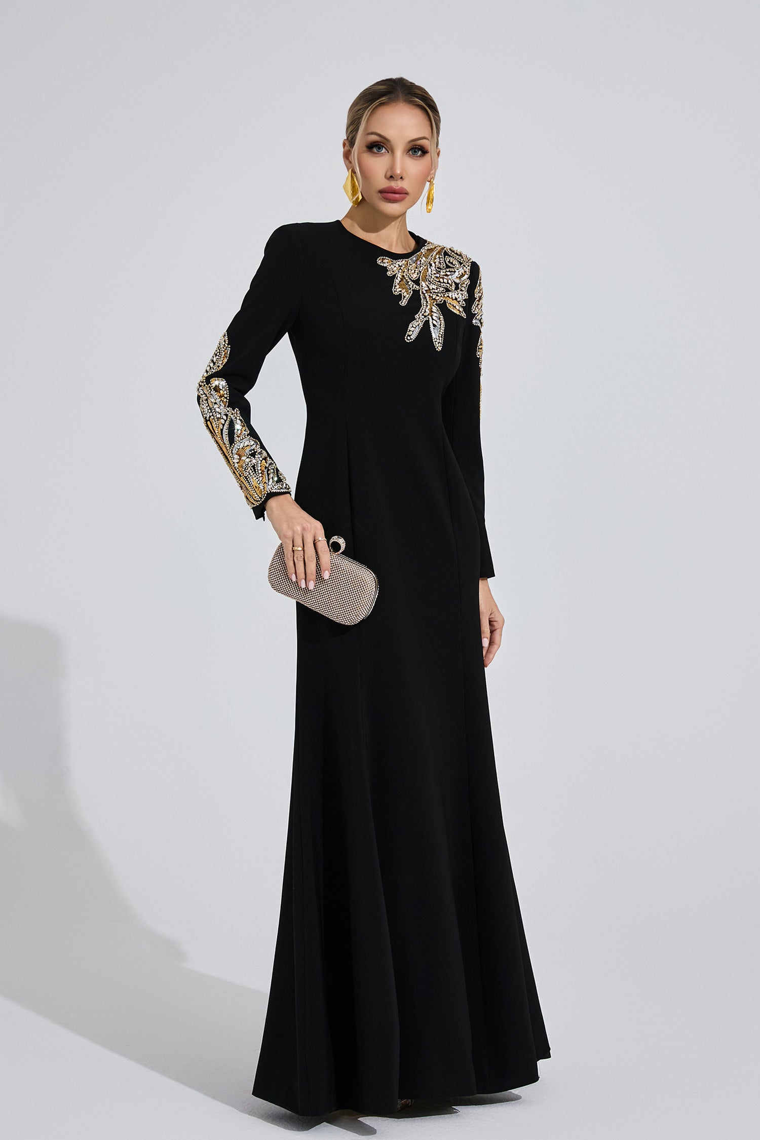 RHINESTONE LONG SLEEVE MAXI DRESS, BLACK EVENING GOWN