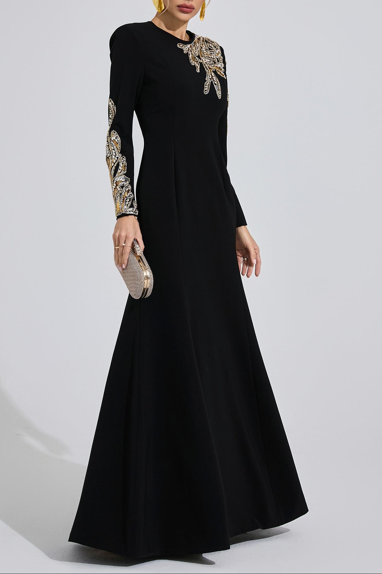 RHINESTONE LONG SLEEVE MAXI DRESS, BLACK EVENING GOWN