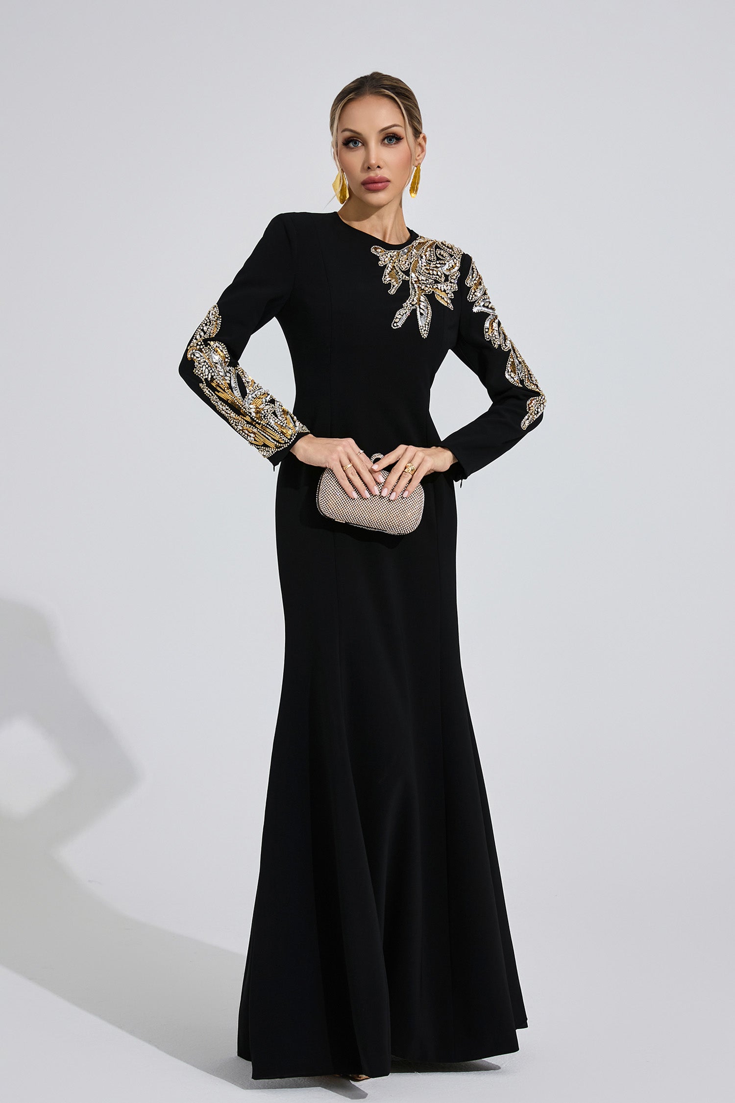 RHINESTONE LONG SLEEVE MAXI DRESS, BLACK EVENING GOWN