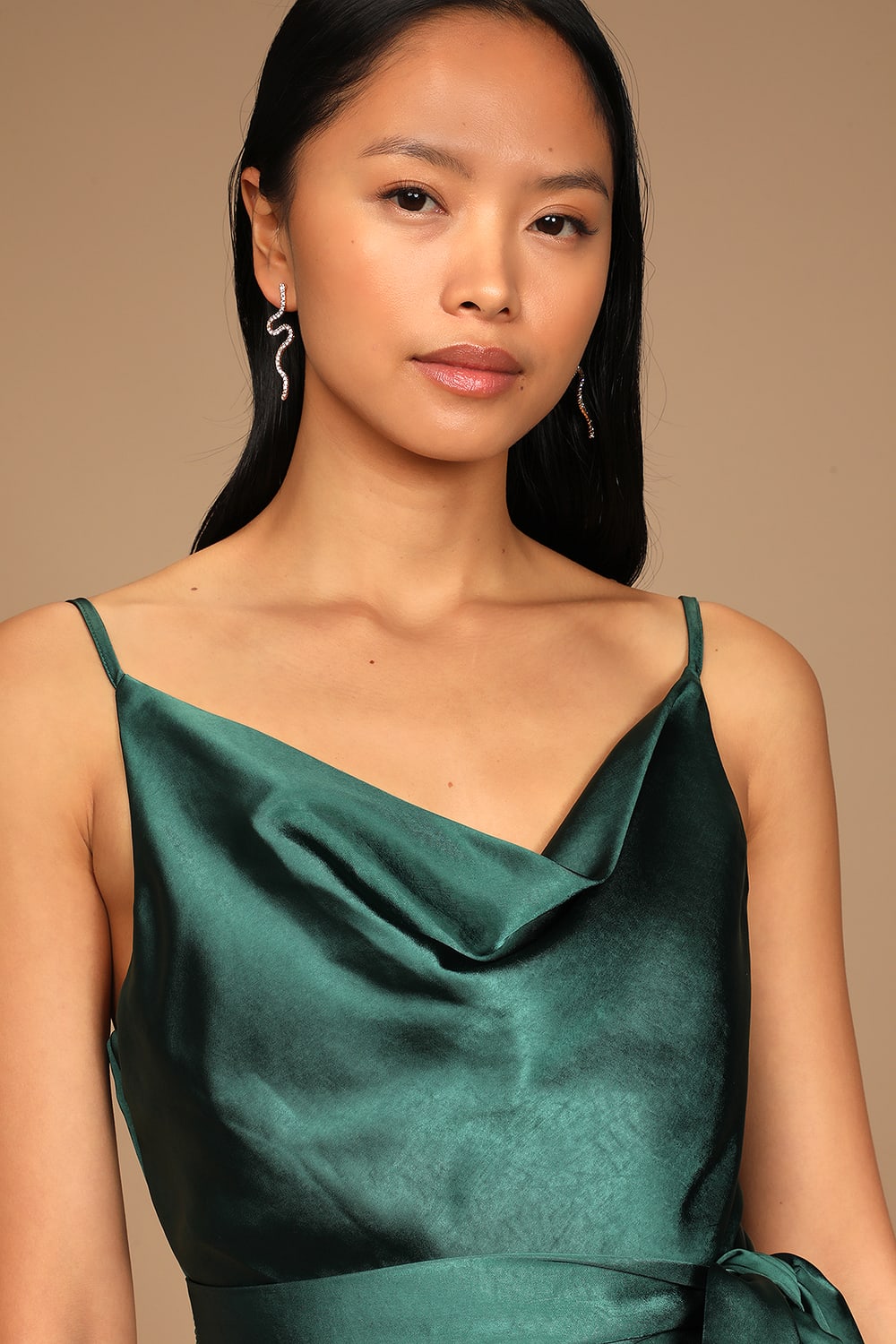 EMERALD SATIN COWL NECK TULIP MINI DRESS